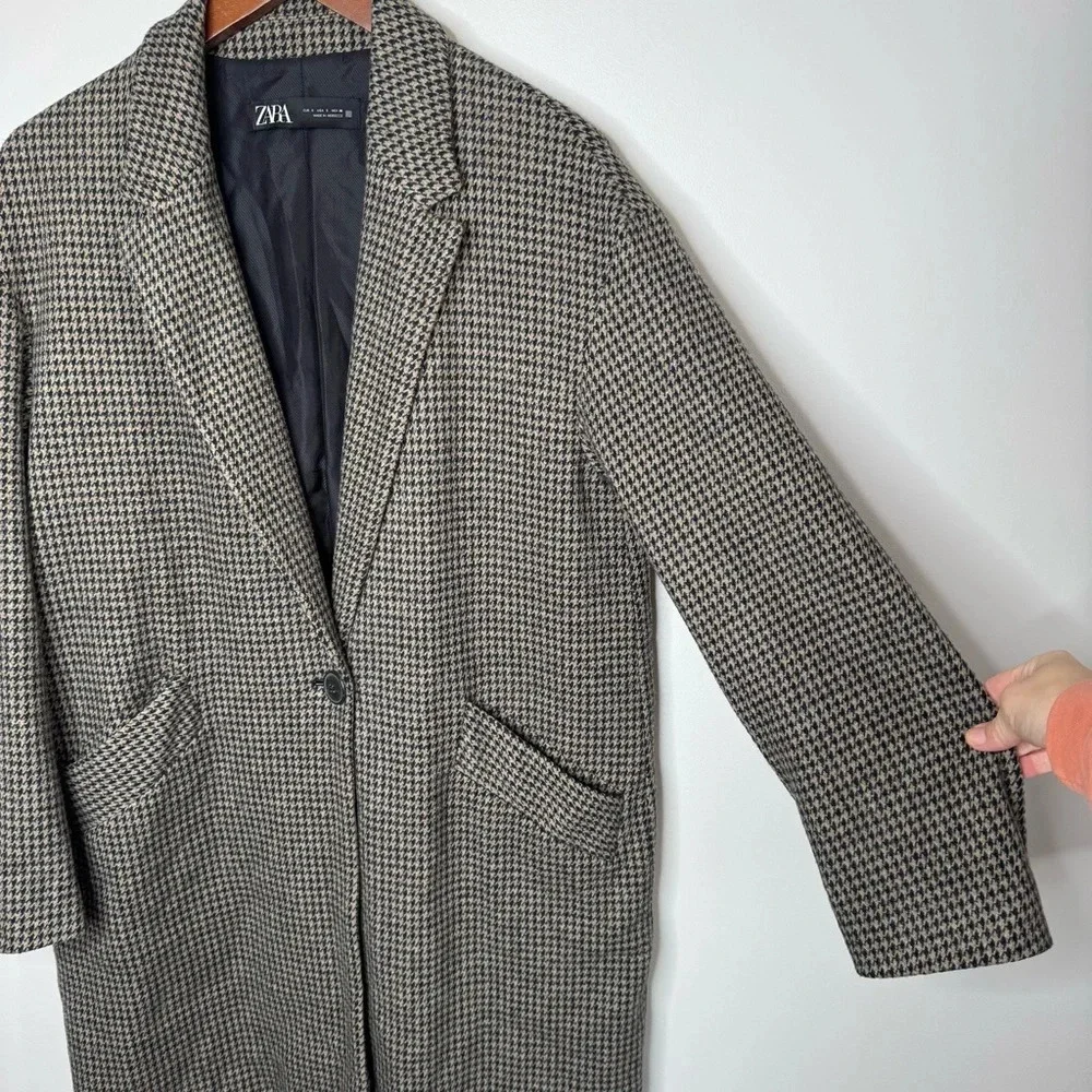 Zara Micro Check Cotton Blend Houndstooth One Button Longline Car‎ Coat Blazer